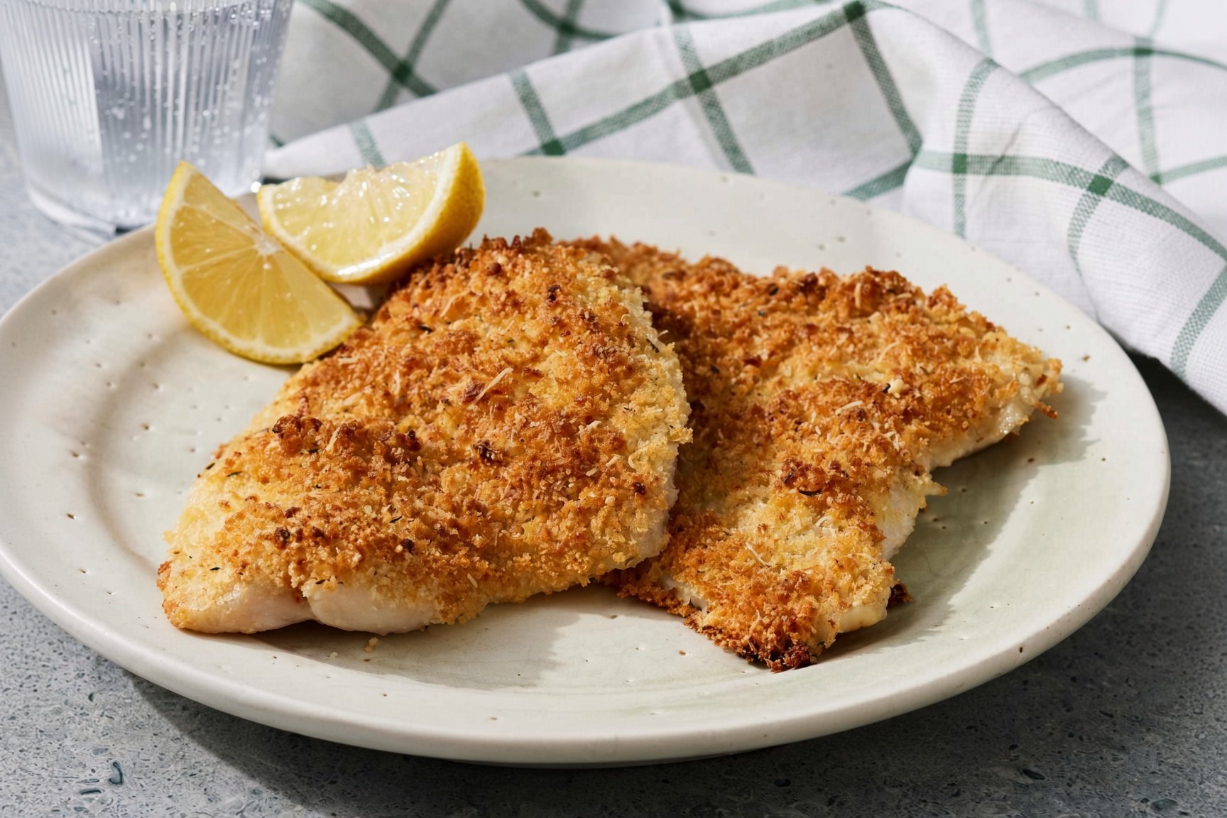 Panko-breaded fish fillets with lemon on a stoneware plate